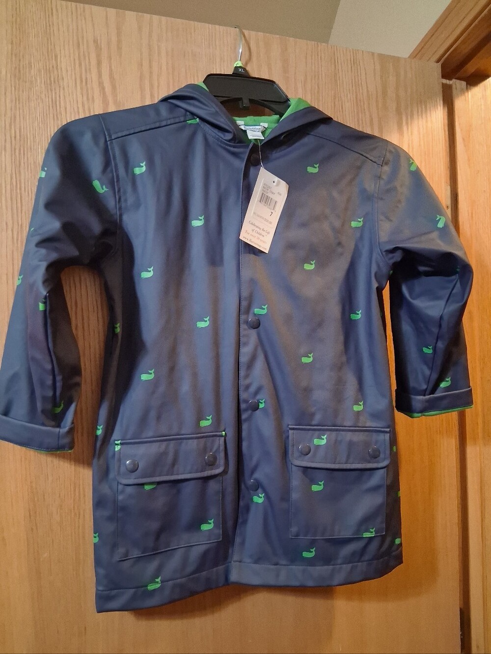 Hartstrings whale print waterproof hooded rain coat , Green And Blue Sz 7 Unisex
